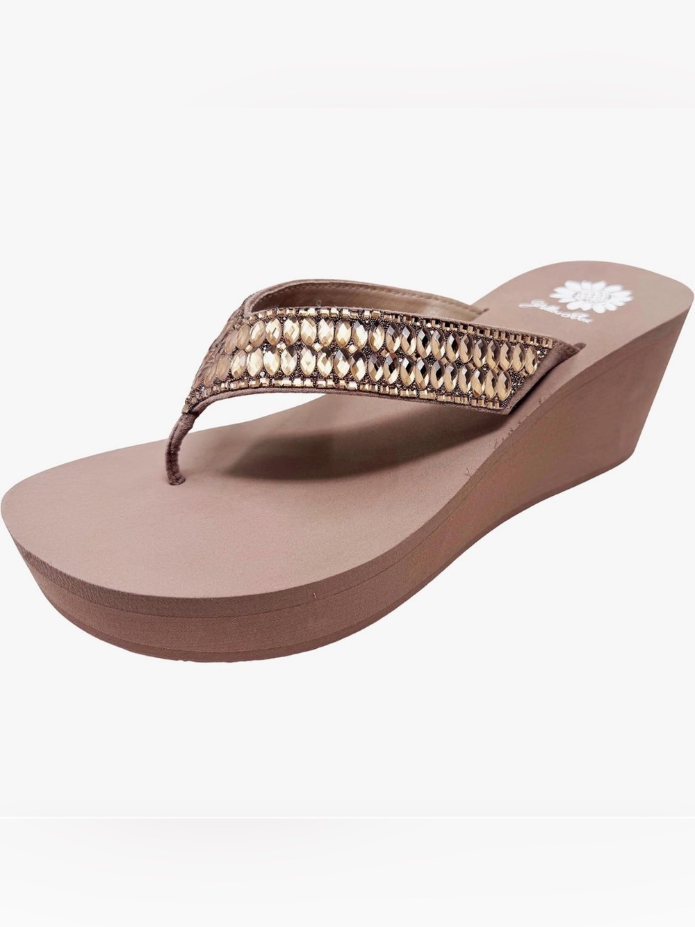 Yellow Box Brown Wedge Sandal with Gold Beaded Straps